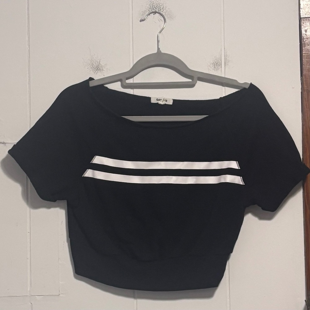 Black Cropped Off Shoulder‎ Top Short Sleeve White Stripe Detail Women's XS